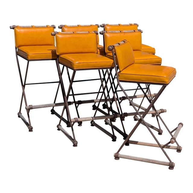 Vintage Mid Century Attributed to Cleo Baldon Barstools for Terra, Los Angeles – Iron, Oak & Leather For Sale