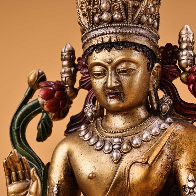 Late 20th Century Vintage Gilt Bronze Seated Buddha Statue With Polychrome Accents and Figural Base For Sale - Image 5 of 9