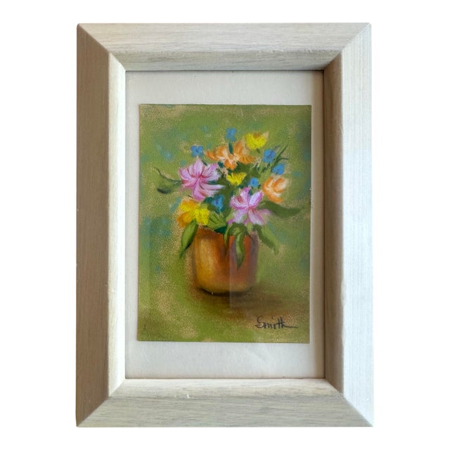 Charming Vintage Floral Still Life Pastel Painting For Sale