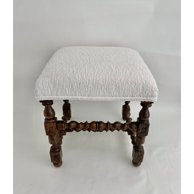 19th C French Louis XIII Style Walnut Stool W/ New Boucle Textile For Sale - Image 4 of 15