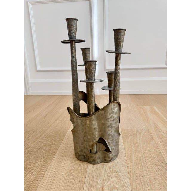 Metal 1970s Italian Brutalist Gilded Pewter 5-Arm Candelabra – Prof. Ceccherini For Sale - Image 7 of 12