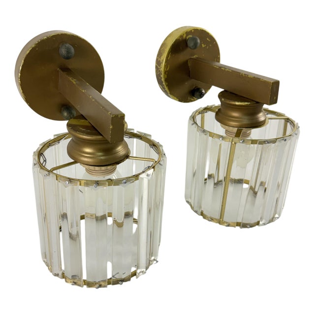 Brass Wall Lamps with Crystal Lampshades, 1970s, Set of 2 For Sale