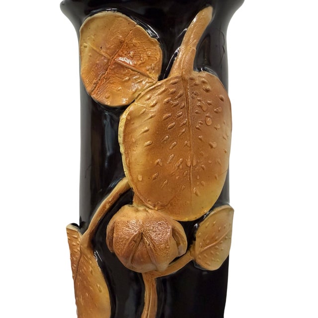 Vintage Hungarian Studio Art Pottery Ceramic Vase Wi/Applied Chestnut Relief 12" For Sale - Image 4 of 6