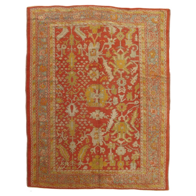 Antique Oushak Carpet, Oriental Rug, Handmade Rug Saffron, Light Blue and Coral For Sale - Image 10 of 18