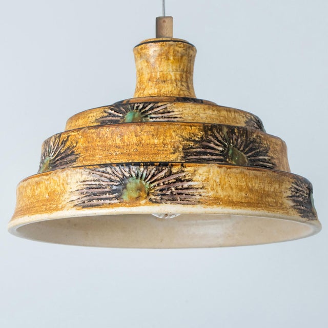 1970s Pyramid Brown Yellow Ceramic Pendant Light, Denmark, 1970s For Sale - Image 5 of 14
