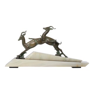 Early 20th Century Art Deco Style Sculpture of Antelopes on Marble and Onyx Base For Sale