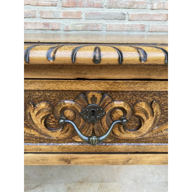 19th-Century French Hand Carved Oak Desk with Iron Stretcher & Solomonic Legs For Sale - Image 4 of 18