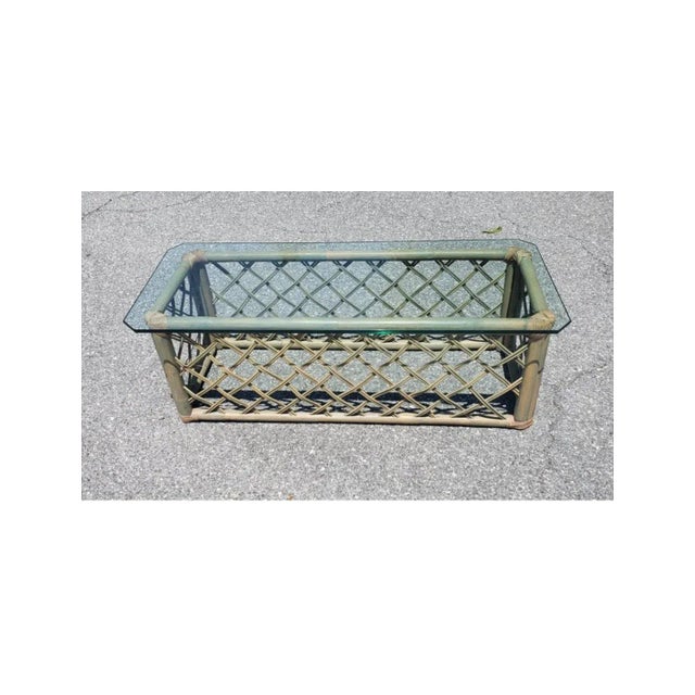1970s Vintage Jumbo Rattan Glass Top Coffee Table in Turquoise-Champaign Color For Sale - Image 5 of 7