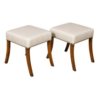 Pair of English 19th Century Oak Stools with Saber Legs and Custom Upholstery For Sale