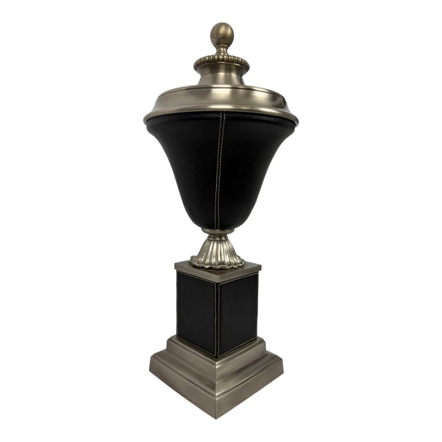 Late 20th Century Neoclassical Style Leather-Wrapped Decorative Urn With Nickel Finial For Sale