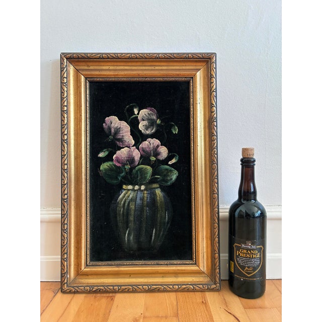 Vintage Original Velvet Flower Oil Painting, Pink Flower Still Life Art For Sale - Image 9 of 11