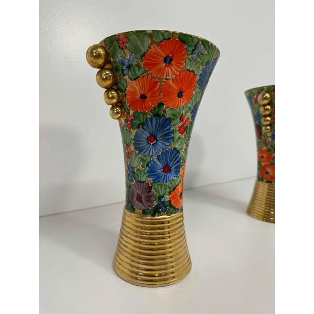 Italian Art Deco Flowers Painted Ceramic Vases, 1940s, Set of 2 For Sale - Image 6 of 10