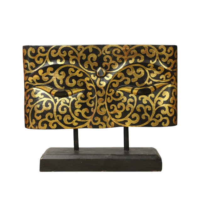 Master Wood Carved Gold Color Buddha's Eye Of Wisdom Art Panel On Stand For Sale