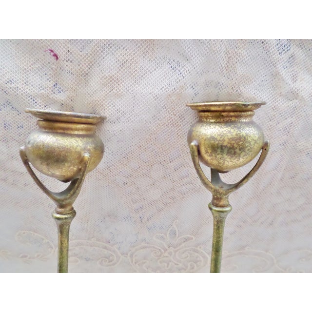 Bronze Antique Tiffany Studios Bronze Candlesticks With Gold Gilt - a Pair For Sale - Image 8 of 13
