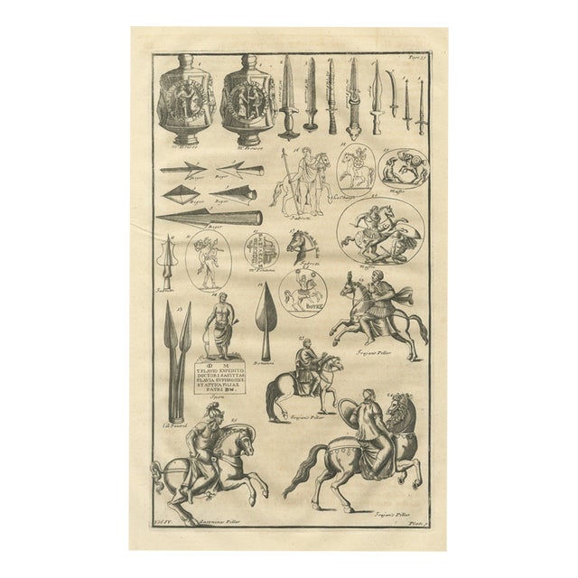 Montfaucon, Roman Swords, Spearheads and Cavalry from Trajans Column, 1722, Engraving For Sale