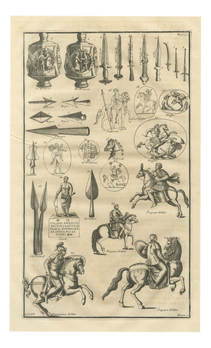 Montfaucon, Roman Swords, Spearheads and Cavalry from Trajans Column, 1722, Engraving