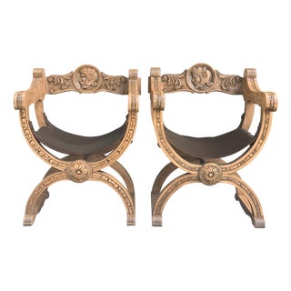 19th Century Pair of Carved Walnut Leather Savonarola Bench or Settee For Sale