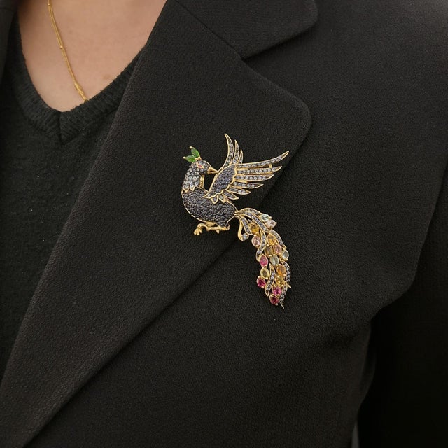 Bochic “Orient” Peacock Ruby & Multi Sapphires Brooch Set 18K Gold & Silver For Sale - Image 9 of 12