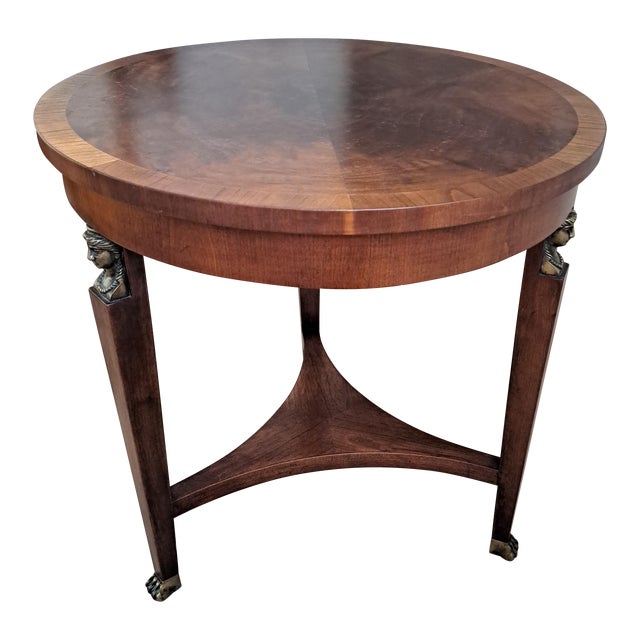 Baker Furniture Neoclassical Round Three-Leg Brass Mount Walnut Accent Side Table 20” For Sale