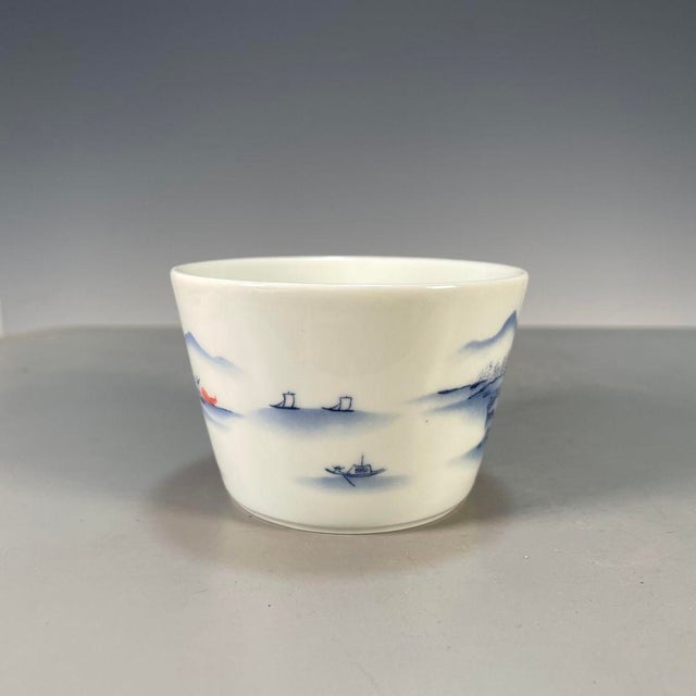 Asian Vintage Blue & White Underglaze Red Porcelain Teacup – Landscape Scene, Qianlong Mark For Sale - Image 3 of 9
