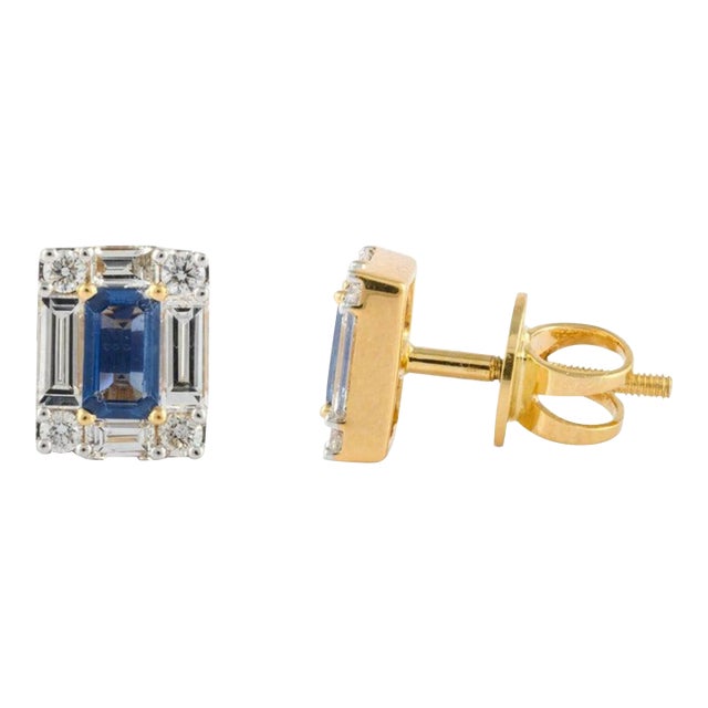 Genuine Baguette Sapphire Diamond Pushback Stud Earrings 18k Solid Gold- A Pair For Sale