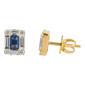Genuine Baguette Sapphire Diamond Pushback Stud Earrings 18k Solid Gold- A Pair