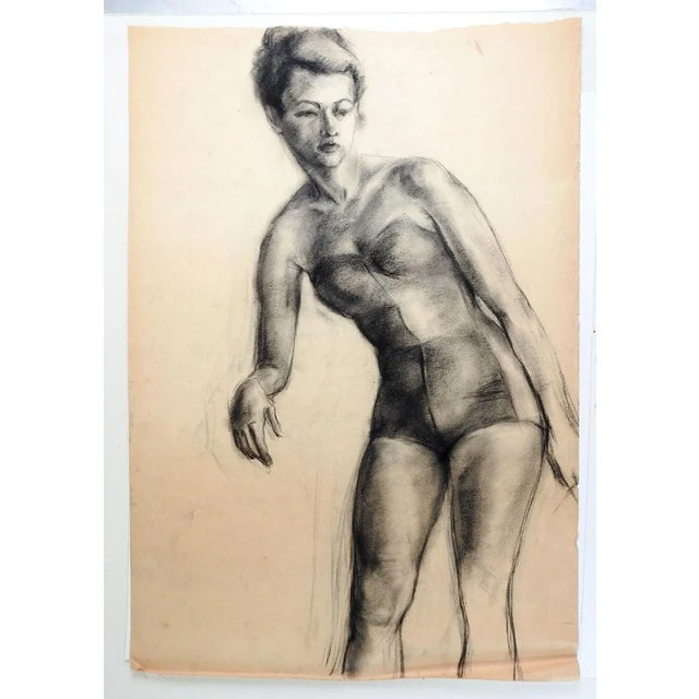 Vintage charcoal on paper female figural study by Geneva Flores Hart Fell (1906-2008) Texas, circa 1950s. Unsigned, from...
