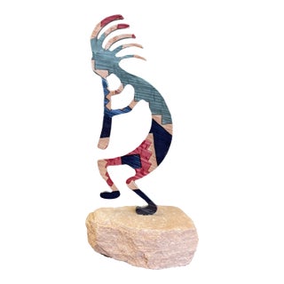 1970s Southwestern Kokopelli Stone Inlay Sculpture on Natural Sandstone Base For Sale