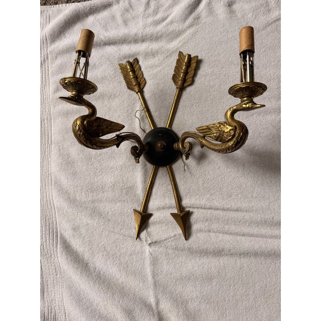 Early 20th Century Pair of Vintage French Empire Revival Brass and Enamel Swan Sconces For Sale - Image 5 of 8