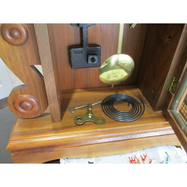 Beautiful Vintage Wood Ansonia Reproduction Tear Drop Clock 8 Day Wind Painted Glass on Door Works For Sale - Image 9 of 15
