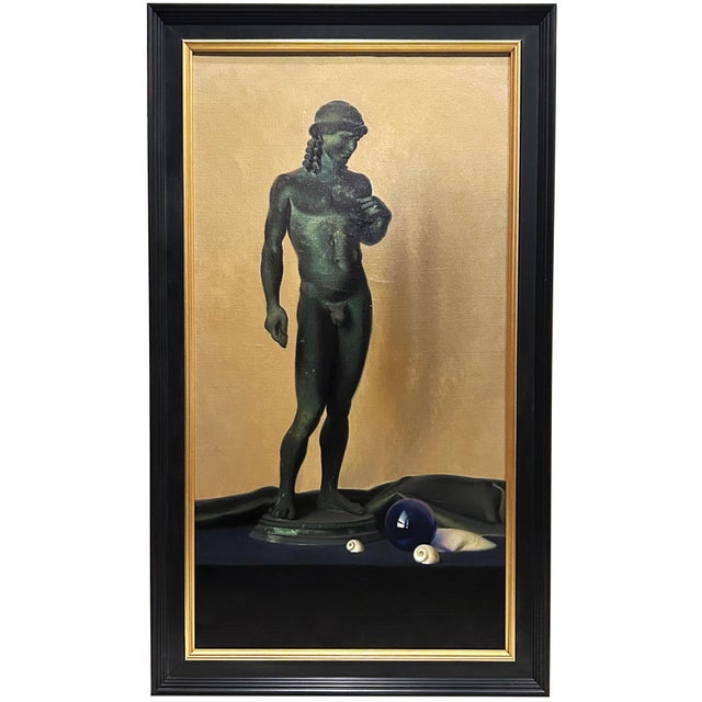 Original still life painting of a large bronze sculpture of Apollo from the House of the Citharist, a blue glass ball, and...