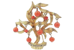 Vintage 1960s Signed Pauline Rader Faux-Coral Beaded Bonsai Tree Pin
