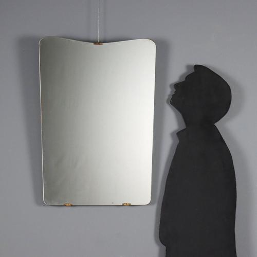 Wall mirror mounted on a wooden stand with brass details. This piece is attributed to the mentioned designer/maker. It has...