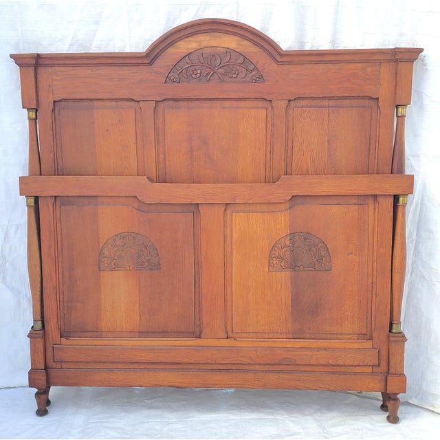 Antique 1920s Solid Oak French Art Deco Bed Frame With Floral Carving