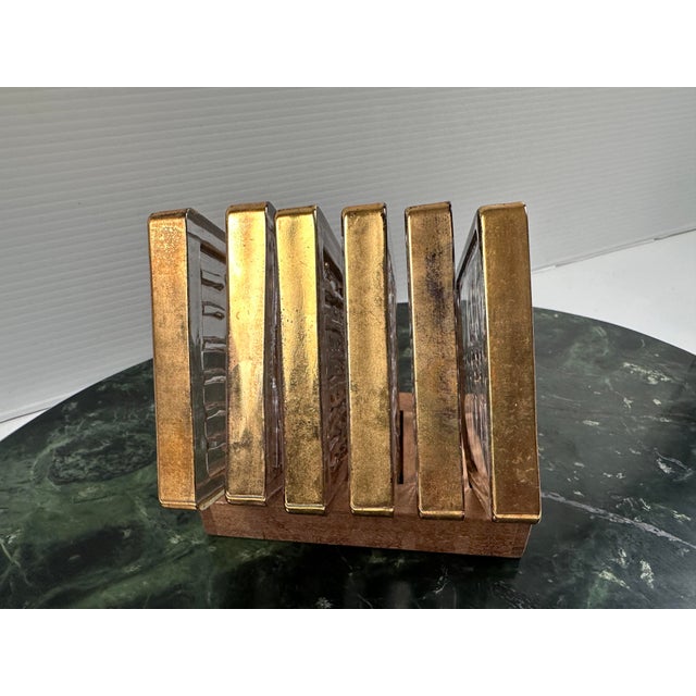 1960s Smeyers Art Glass Coasters With Wooden Holder, Hollywood Regency Barware – Set of 6 For Sale - Image 9 of 12