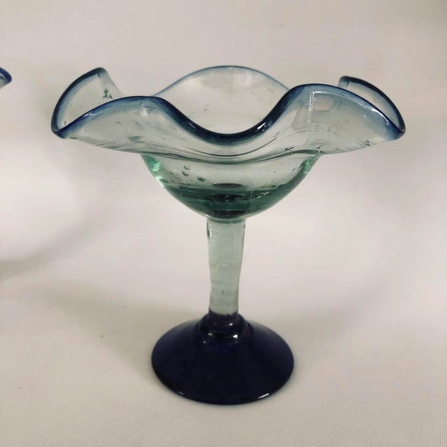 Mexican 90’s Blue and Green Hand Blown Ruffled Top Dessert Glasses S/5 For Sale - Image 3 of 7