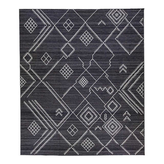 Early 21st Century Oversize Modern Kilim Flatweave Wool Rug With Dark Gray Field by Apaadana For Sale