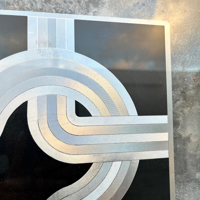 Vintage 1970s Op-Art Geometric Black and Silver Foil Framed Print. For Sale - Image 10 of 17