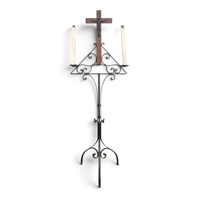 Large Wrought Iron Church Candelabra with Carved Wooden Crucifix For Sale - Image 10 of 10