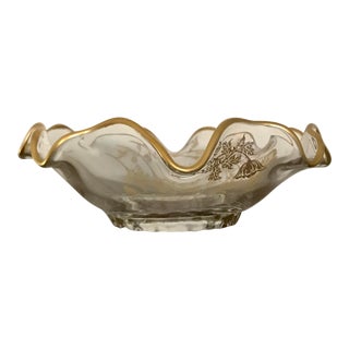 Vintage Scalloped Clear Art Glass Bowl With Gilt Floral Overlay For Sale