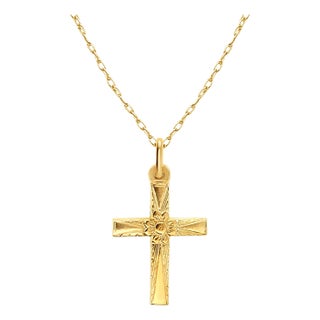 Vintage Style Cross with Flower Design in Center 14k Yellow Gold 16" For Sale