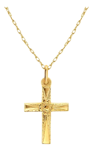 Vintage Style Cross with Flower Design in Center 14k Yellow Gold 16"