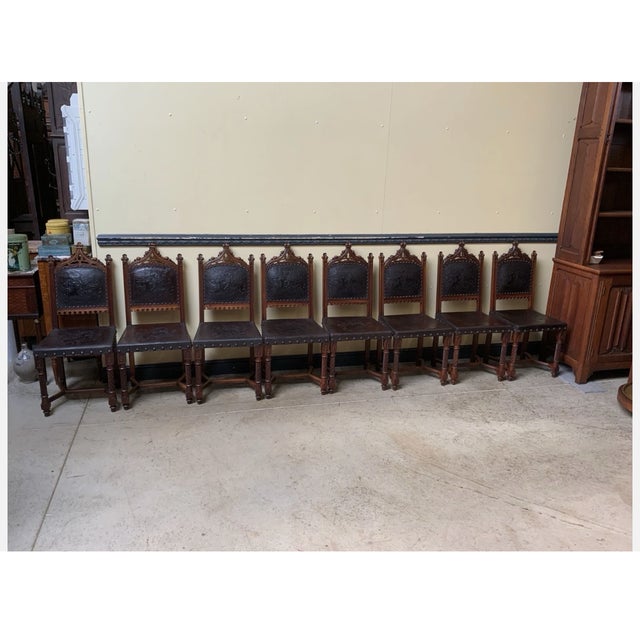 Antique Neo-Gothic Dining Set with Extendable Table and Chairs, 1880, Set of 9 For Sale - Image 10 of 15