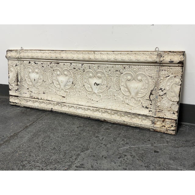 Design Plus Gallery presents a Vintage Style Distressed White Embossed Tin Architectural Wall Panel. This decorative metal...