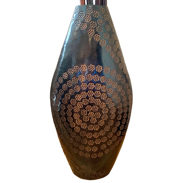 Hammered Metal Floor Vase With Bamboo Branches For Sale - Image 4 of 5