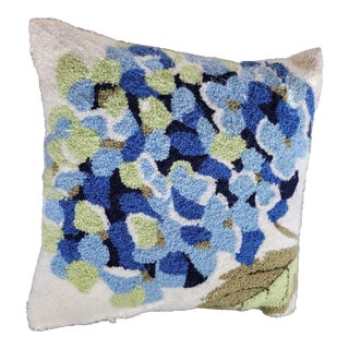 1990s Vintage Hooked Pillow With Oversized Azure Hydrangea Blossom For Sale