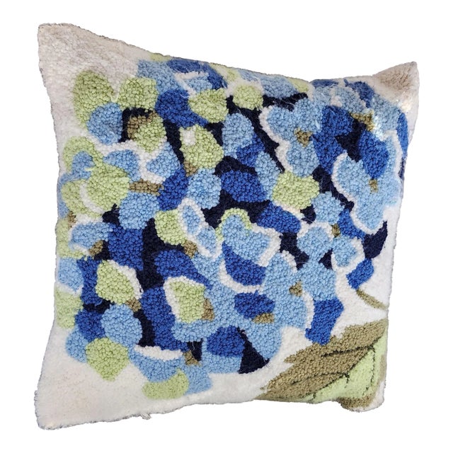1990s Vintage Hooked Pillow With Oversized Azure Hydrangea Blossom For Sale