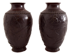 Antique Japanese Meiji Embossed Bronze Vases, 19th Century, Set of 2