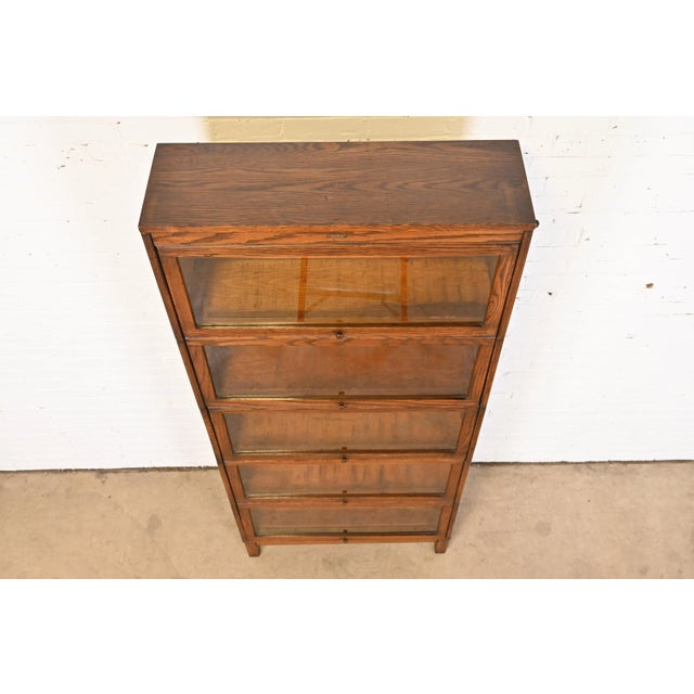 Antique Arts & Crafts Oak Five-Stack Barrister Bookcase by Lundstrom, Circa 1920s For Sale - Image 9 of 13
