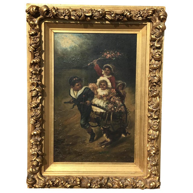 French 19th Century Oil on Canvas of Children Frolicking For Sale - Image 3 of 3